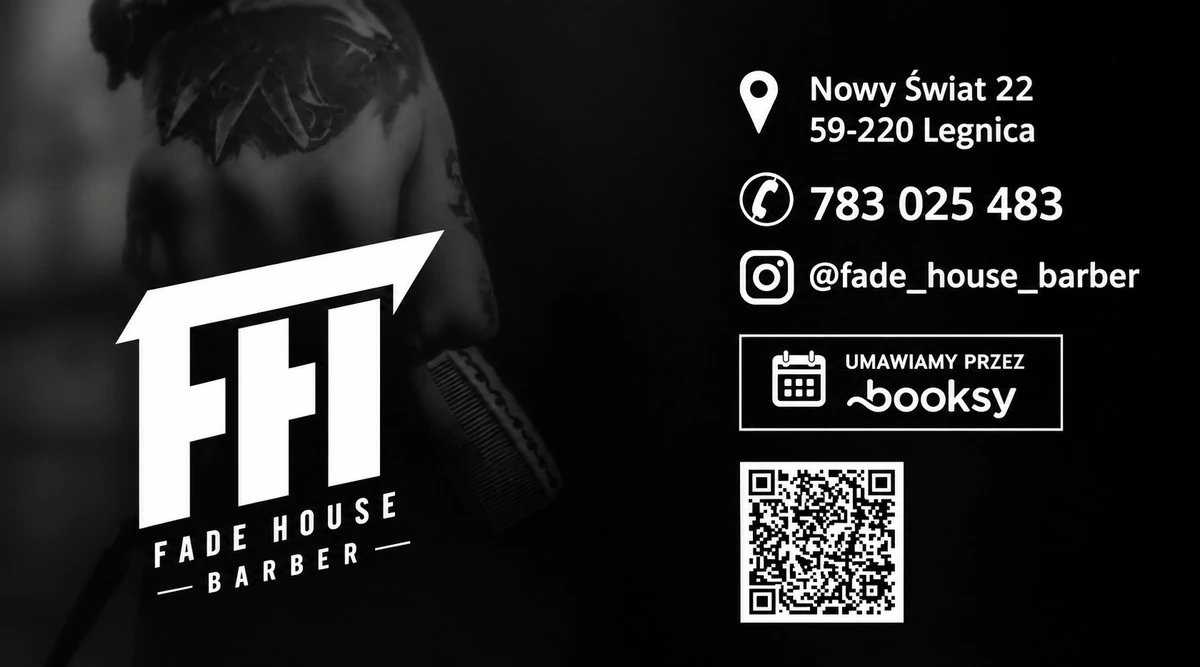 Wizytówka FADE HOUSE — tył z danymi kontaktowymi i kodem QR